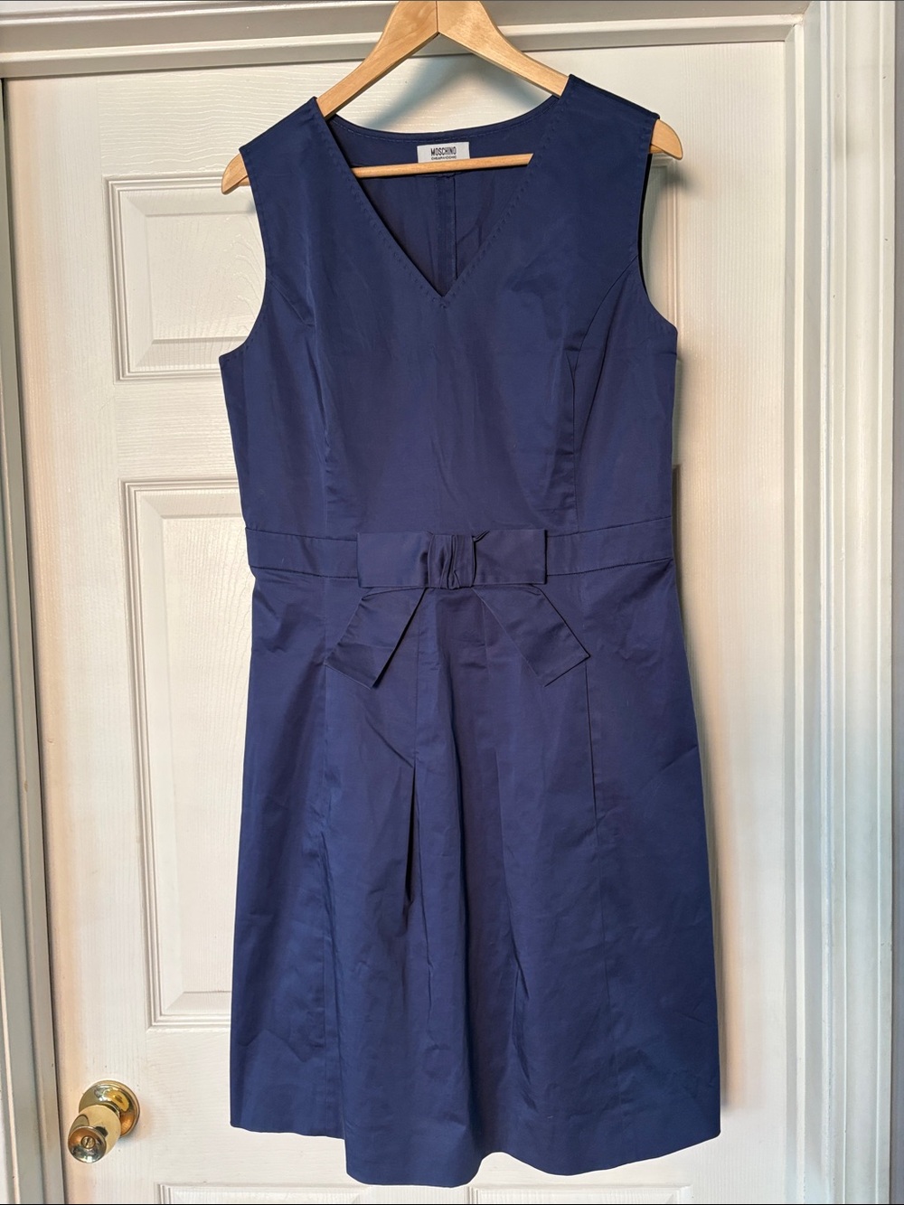Moschino Navy V-Neck Midi Dress with Waist Bow Detail and POCKETS